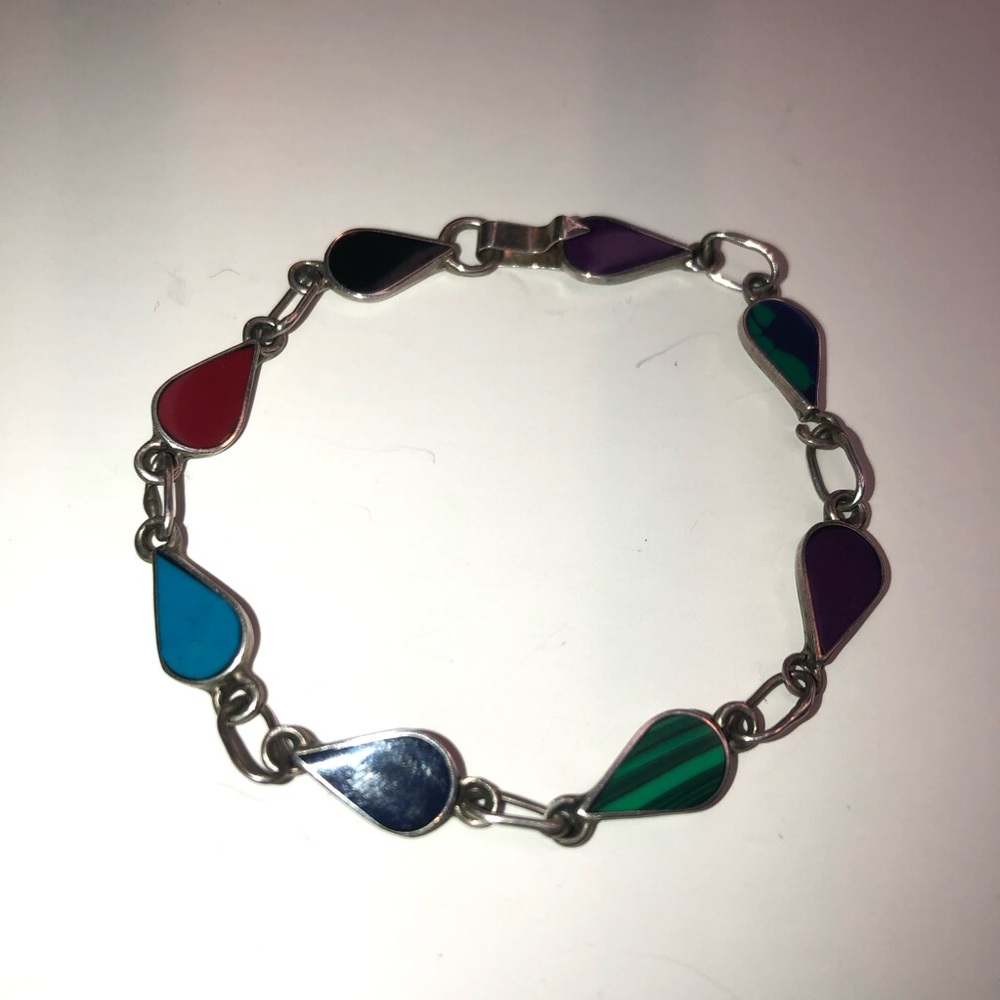 Mexico Vintage Sterl Silver 925 Multicolor Tear Drop 8 Flat Stones Link Bracelet